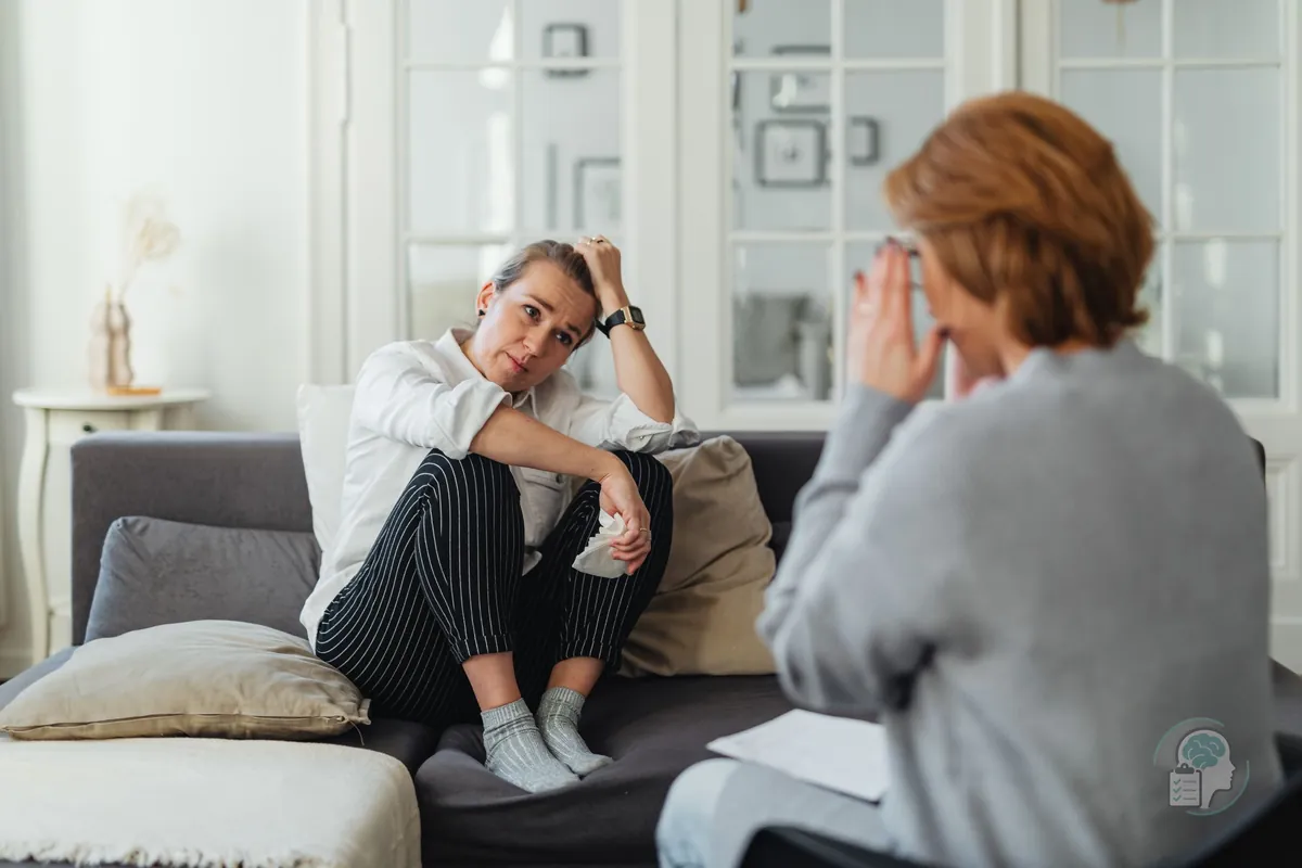 Woman talking to her psychologist in a therapy session, sitting on the sofa and looking worried