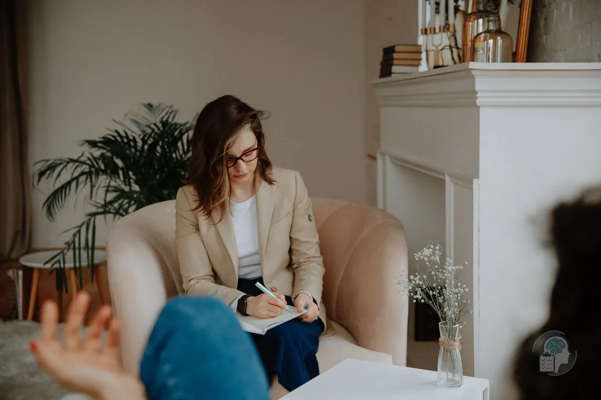 Psicóloga tomando notas durante una sesión de terapia EMDR en una consulta cálida