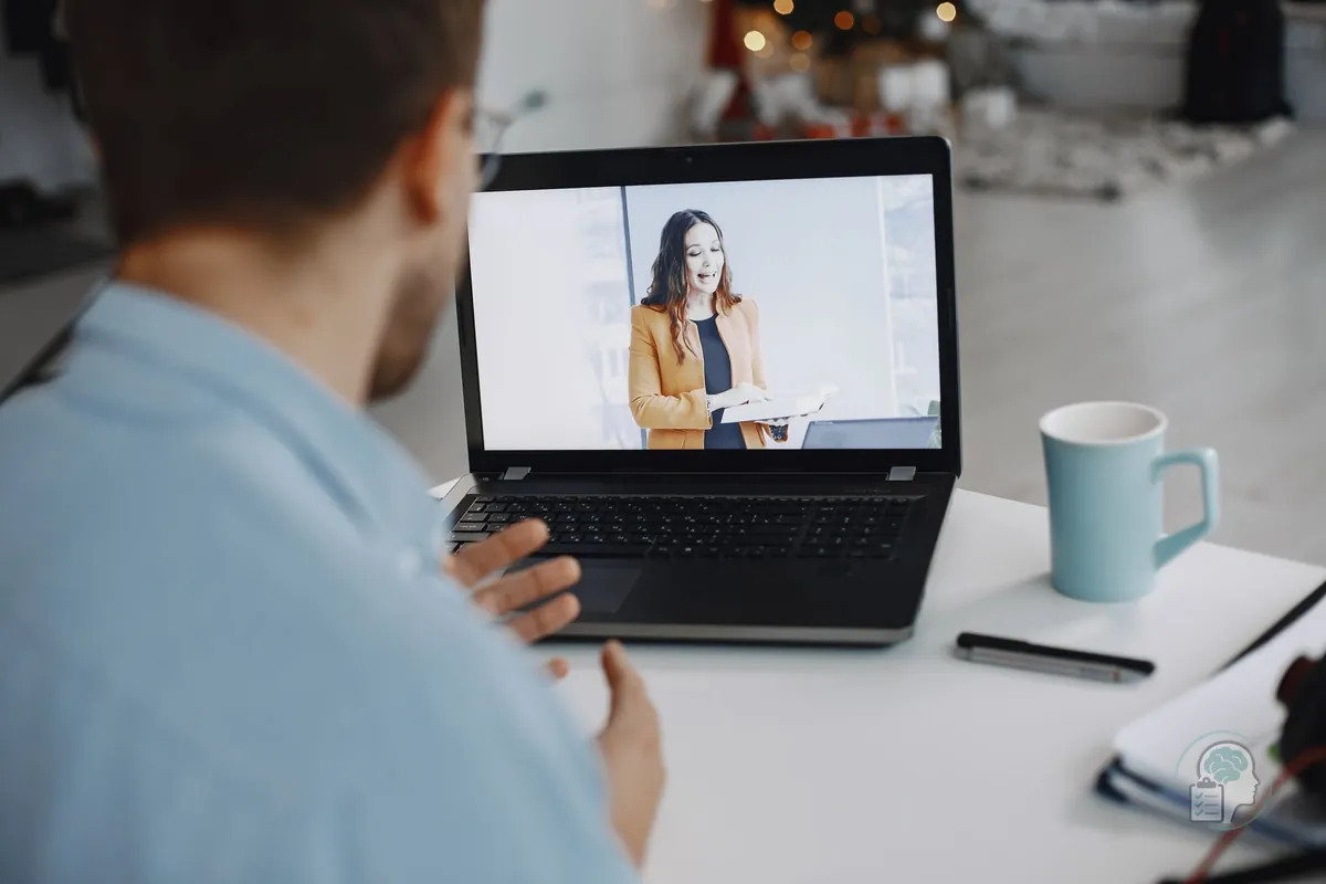 Hombre en una sesión de terapia integradora online por videollamada con su psicóloga desde casa