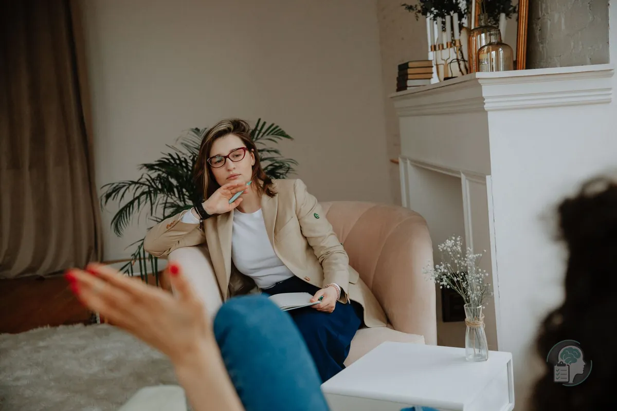 Psicóloga con gafas que escucha atenta a una paciente en su consulta durante una sesión de terapia para el TOC
