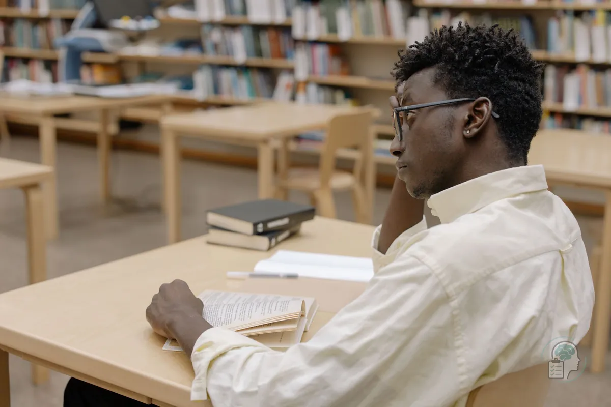 Joven adulto leyendo con esfuerzo en una biblioteca, una escena habitual en los distintos tipos de dislexia en adultos